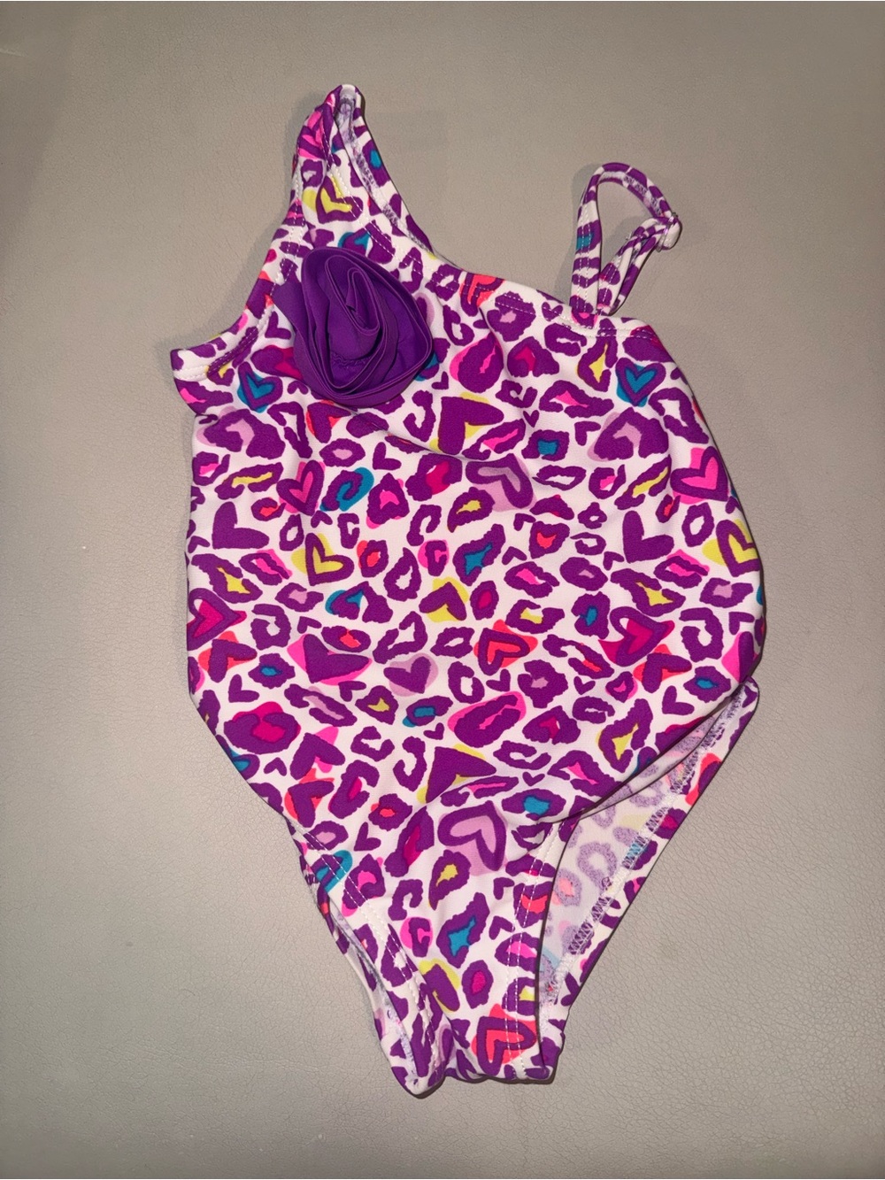 Girls' Purple Heart-Leopard One-Piece Swimsuit with Rosette